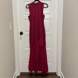 Bebe Burgundy Sleeveless Mock Neck Ruffle Hem Maxi Dress Size M Orig $139
